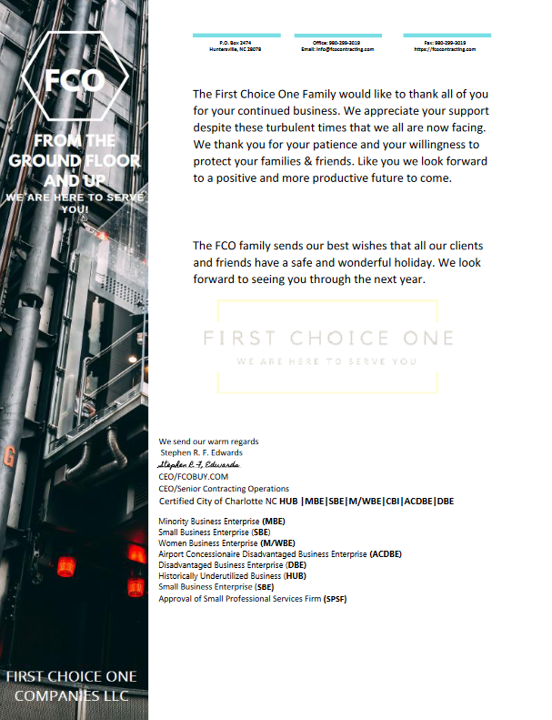 To First Choice One Companies Family & Friends